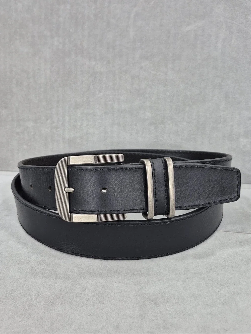 Genuine Leather belt men's 42 black antiqued brushed silvertone buckle